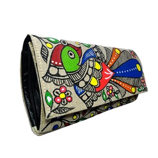 Mithila painting Hand Made creation Jute Clutches Vibrant color Handbag Purse and pouch (Associated design)