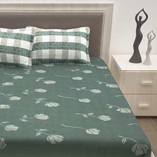 Double Bedsheet For Cotton with 2 Pillow Covers Green & Grey thumbnail 2