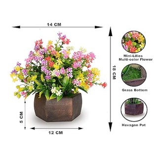 Plastic & Wood Artificial Multicolor Flower with Wood Hexagon Home Decor Showcase Decoation with Pot Fake Plant (18 cm Multicolor) thumbnail 4