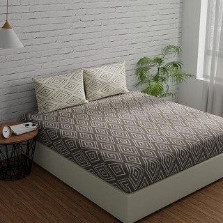Cotton Bedsheet for Double Bed with 2 Pillow Covers-Taupe & White - 144 TC  thumbnail 2
