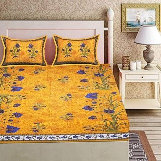 Pure Cotton Double Bed Sheet with  Yellow Kashmirkalli Jaipuri King  2 Pillow Covers  thumbnail 2