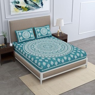 Jaipuri Printed Bedsheet Cotton Blend Traditional Mandala for Double Bed King Size with 2 Pillow Covers Sea Green thumbnail 3