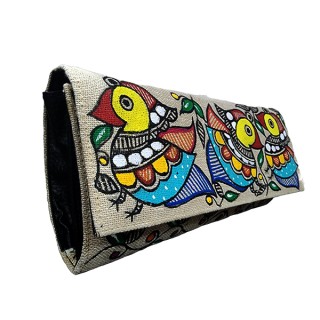 Madhubani painting creation Hand Made  Jute Clutches Vibrant color  Handbag Purse and pouch (Associated design)