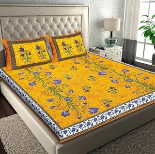 Pure Cotton Double Bed Sheet with  Yellow Kashmirkalli Jaipuri King  2 Pillow Covers 