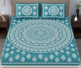 Jaipuri Printed Bedsheet Cotton Blend Traditional Mandala for Double Bed King Size with 2 Pillow Covers Sea Green thumbnail 2