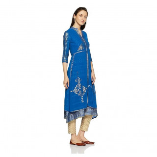 Women Printed Viscose Rayon Frontslit Kurta  (Blue) thumbnail 2