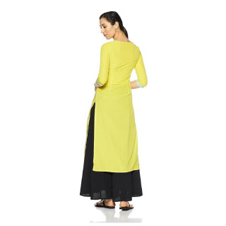 Women Printed Cotton Rayon Straight Kurta  (Black, Yellow) thumbnail 2