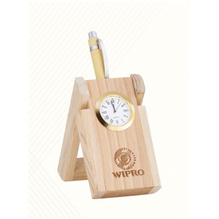 1 Compartments wooden pen stand with watch 
