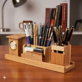 Premium Wooden Desk Organizer with Pen Stand Holder, Business Card Holder & Analog Clock | Executive Office Table Organizer | Wooden Desktop Stationery Stand | Home Office Desk Accessories | Corporate Gift for Professionals thumbnail 2