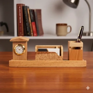 Premium Wooden Desk Organizer with Pen Stand Holder, Business Card Holder & Analog Clock | Executive Office Table Organizer | Wooden Desktop Stationery Stand | Home Office Desk Accessories | Corporate Gift for Professionals