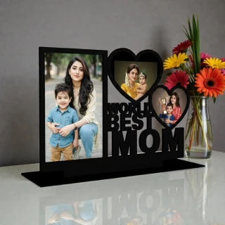 Personalized World Best Mom Wooden Photo Frame | Custom Multi Photo Frame Gift for Mother | MDF Table Top Photo Frame with 3 Photos | Mother’s Day Gift India | Home Decor | DVMART® thumbnail 2