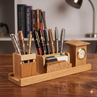 Premium Wooden Desk Organizer with Pen Stand Holder, Business Card Holder & Analog Clock | Executive Office Table Organizer | Wooden Desktop Stationery Stand | Home Office Desk Accessories | Corporate Gift for Professionals thumbnail 3