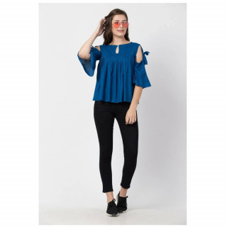 Casual Regular Sleeves Solid Women's & Girls Rayon Blue Top