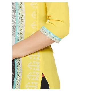 Women Printed Cotton Rayon Straight Kurta  (Black, Yellow) thumbnail 3
