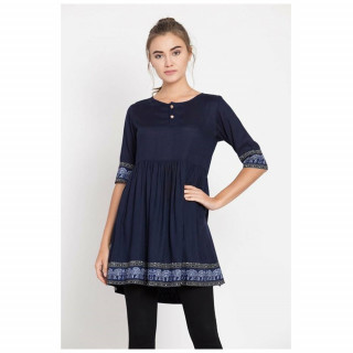 New Stylish Daily Wear Kurti Round Neck Elephant Print Ladies Rayon New Design Dress Latest Designer (Navy Blue)