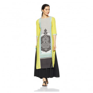 Women Printed Cotton Rayon Straight Kurta  (Black, Yellow)