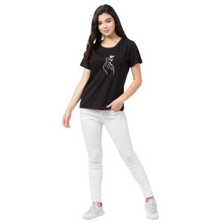Womens Regular Fit Printed Cotton Half Sleeve Black Round Neck Tshirt thumbnail 2