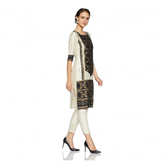 Women Printed Cotton Blend Straight Kurta  (Black) thumbnail 2