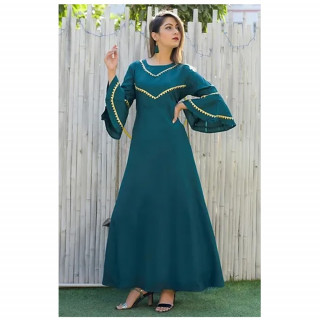 Women's Rayon Teal Green Kurti Ethnic Long Western Dress with Round Neck and Full Stitched