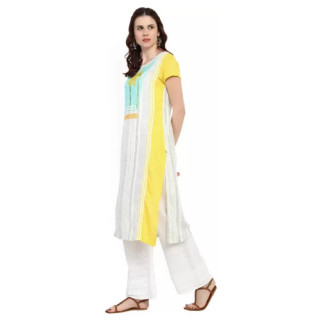 Women Printed Cotton Rayon Straight Kurta  (White, Yellow) thumbnail 2