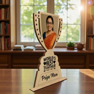 Personalized Wooden Trophy for Teacher | Custom Photo MDF Award Plaque | World’s Best Teacher Gift | Teacher’s Day Appreciation Trophy with Name | DVMART® thumbnail 2