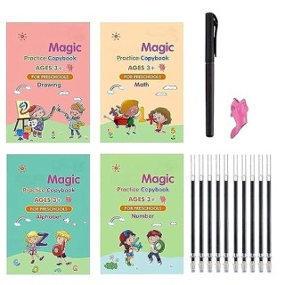 Sank Magic Practice Copybook Number Tracing Book for Preschoolers with Pen Magic Calligraphy Copybook's Set Practical Reusable Writing Tool Simple Hand Lettering (Sat of 4)