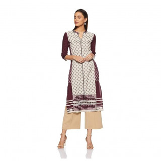Women Self Design Viscose Rayon Straight Kurta  (Purple, White) thumbnail 2