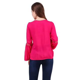 Casual Bell Sleeves Embroidered Women Pink Top thumbnail 4
