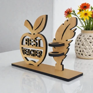 Personalized Best Teacher Wooden Pen Stand with Name | MDF Desk Organizer Gift for Teachers | Apple Design Teacher’s Day Gift | Unique Teacher Appreciation Desk Decor | DVMART® thumbnail 2