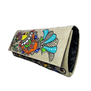 Madhubani painting creation Hand Made  Jute Clutches Vibrant color Handbag Purse and pouch (Associated design) thumbnail 2