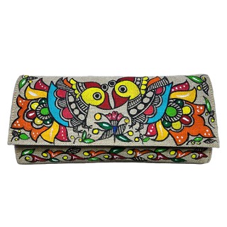 Mithila painting Hand Made creation Jute Clutches Vibrant color Handbag Purse and pouch (Associated design) thumbnail 2