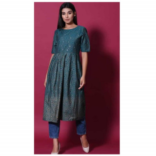 Women's Cotton Green Dress Ethnic Long Western Dress with Round Neck and Full Stitched thumbnail 2
