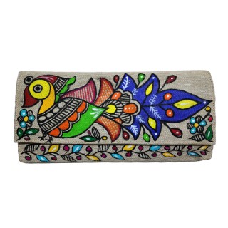 Traditional Mithila painting Jute clutches Hand Painted Handbag Purse and pouch (Associated design) thumbnail 2