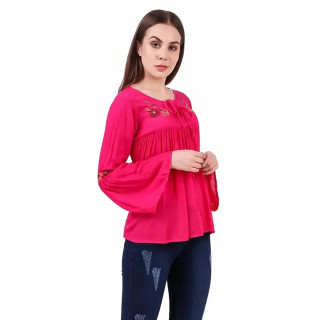 Casual Bell Sleeves Embroidered Women Pink Top thumbnail 3