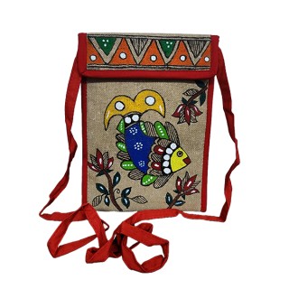 Madhubani Craft Colorful Mithila Painting Mobile pouch|  Jute Handbag Purse and pouch (Associated design)