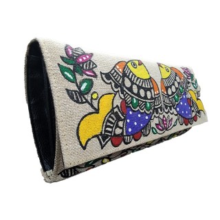 Hand Made Madhubani painting creation Jute Clutches Vibrant color Handbag Purse and pouch (Associated design) thumbnail 3