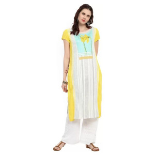 Women Printed Cotton Rayon Straight Kurta  (White, Yellow) thumbnail 5