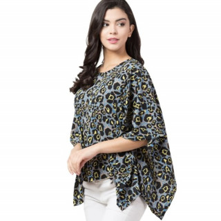 Plus Size Women's Blue & Off White Floral Print Longline Asymmetric Georgette Top thumbnail 2