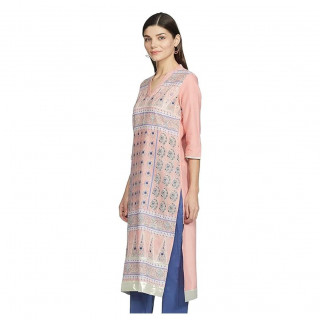 Women Printed Cotton Blend Straight Kurta  (Pink) thumbnail 5