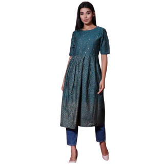 Women's Cotton Green Dress Ethnic Long Western Dress with Round Neck and Full Stitched