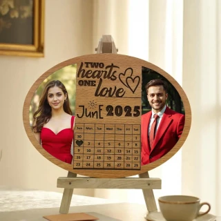 Sleek MDF Wooden Oval Couple Photo Frame – Personalized Engraved Anniversary Gift with Calendar