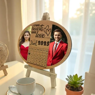 Sleek MDF Wooden Oval Couple Photo Frame – Personalized Engraved Anniversary Gift with Calendar thumbnail 2