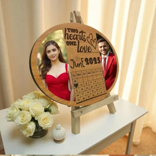 Sleek MDF Wooden Oval Couple Photo Frame – Personalized Engraved Anniversary Gift with Calendar thumbnail 3