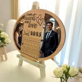 Sleek MDF Wooden Oval Couple Photo Frame – Personalized Engraved Anniversary Gift with Calendar thumbnail 2