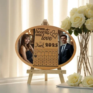 Sleek MDF Wooden Oval Couple Photo Frame – Personalized Engraved Anniversary Gift with Calendar