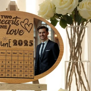 Sleek MDF Wooden Oval Couple Photo Frame – Personalized Engraved Anniversary Gift with Calendar thumbnail 4