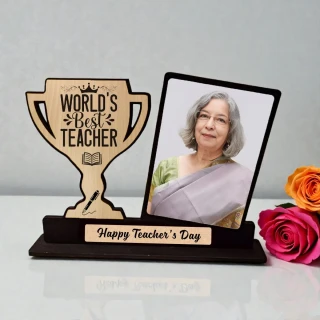 Personalized World’s Best Teacher Wooden Trophy with Photo Frame | Custom MDF Teacher’s Day Gift | Engraved Award Plaque Desk Decor | Unique Teacher Appreciation Gift India | DVMART® thumbnail 2