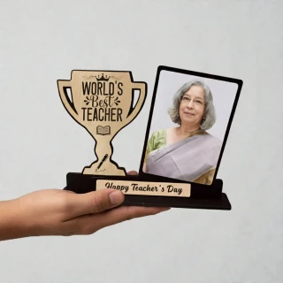 Personalized World’s Best Teacher Wooden Trophy with Photo Frame | Custom MDF Teacher’s Day Gift | Engraved Award Plaque Desk Decor | Unique Teacher Appreciation Gift India | DVMART® thumbnail 3