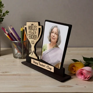 Personalized World’s Best Teacher Wooden Trophy with Photo Frame | Custom MDF Teacher’s Day Gift | Engraved Award Plaque Desk Decor | Unique Teacher Appreciation Gift India | DVMART® thumbnail 4