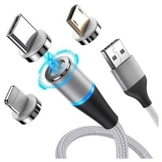 Multi Charging Cable, 3 in 1 Nylon Braided Fast Charging Cord Magnetic Charger USB Cable Compatible With iPhone Micro USB Type C Mobile Phone Cable Fast Charging Magnet Charger USB Wire Cord - Silver